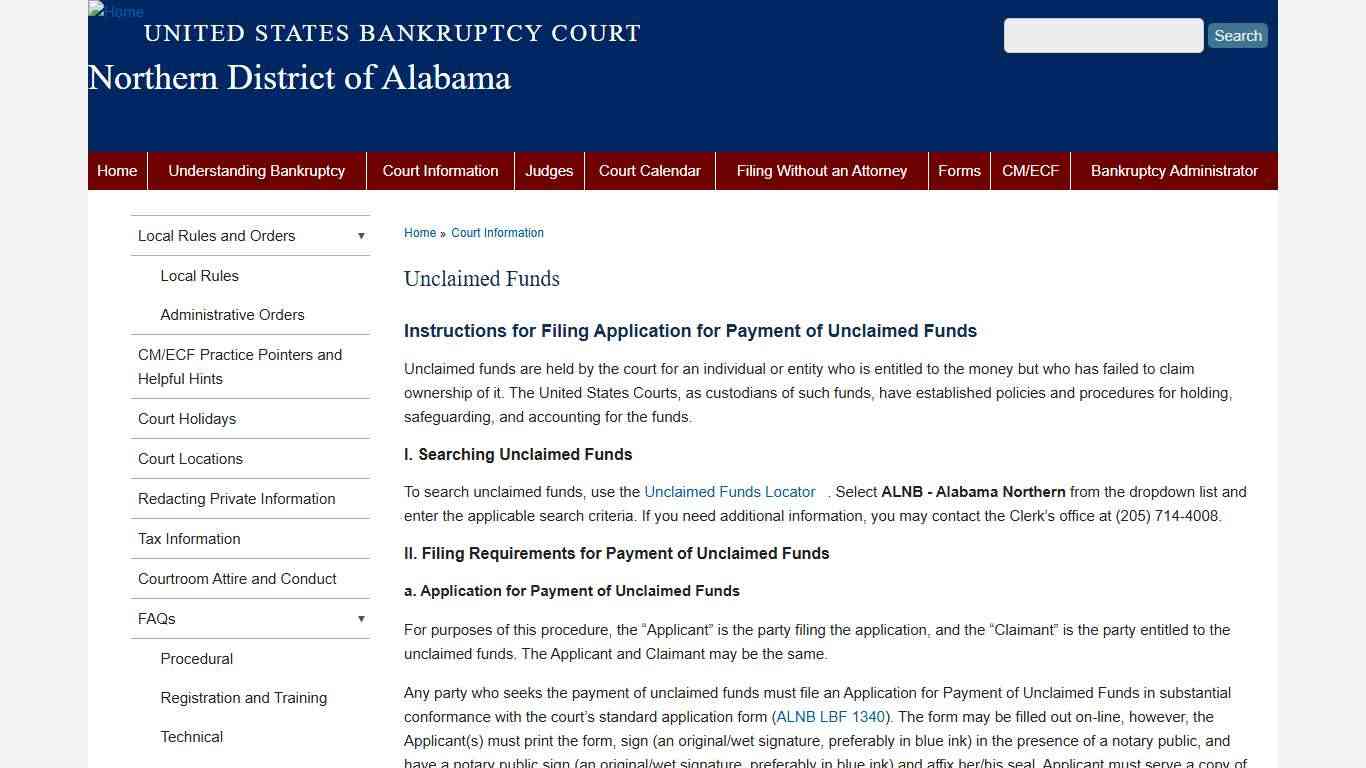 Unclaimed Funds | Northern District of Alabama | United States Bankruptcy Court